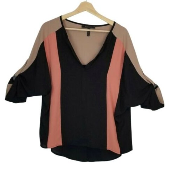 BCBGMaxAzria Tops - BCBGMaxazria Jane Color Block Blouse Size XS Split Tuxedo Hem Roll Tab S…